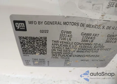 2022 GMC Sierra K1500 Slt z USA, uszkodzony, nr VIN 3GTUUDED9NG502016